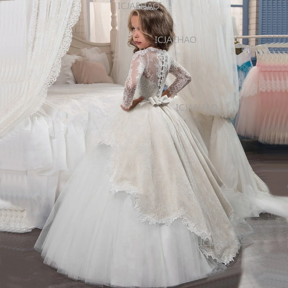 Kids Wedding Dress Girls Long Sleeve Autumn Winter Lace Performance Princess Puffy Long Skirt Children Clothing Party Dresses