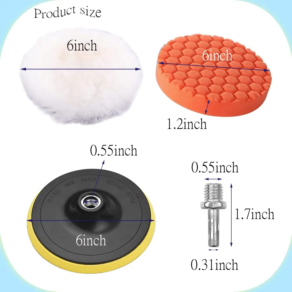 10 Pcs Buffing Polishing Pads 6 Inch and Wool Cutting Pad for Drill Buffer Attachment with Drill Adapter for Car Buffer Polisher