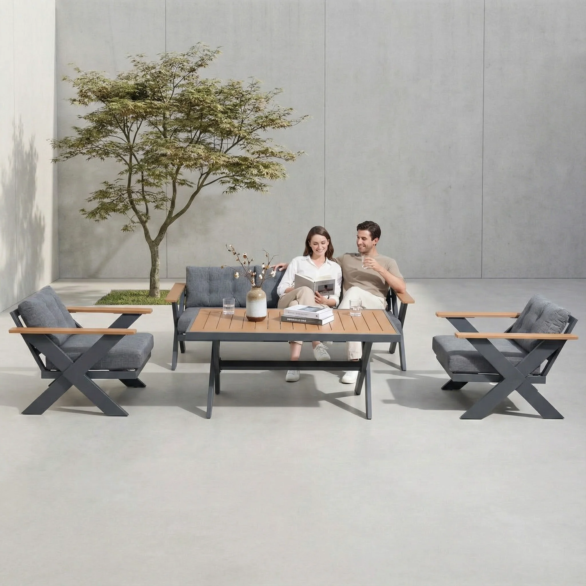 Outdoor dining table and chair set of 4 with comfortable cushions and large tables, suitable for garden courtyards and parks