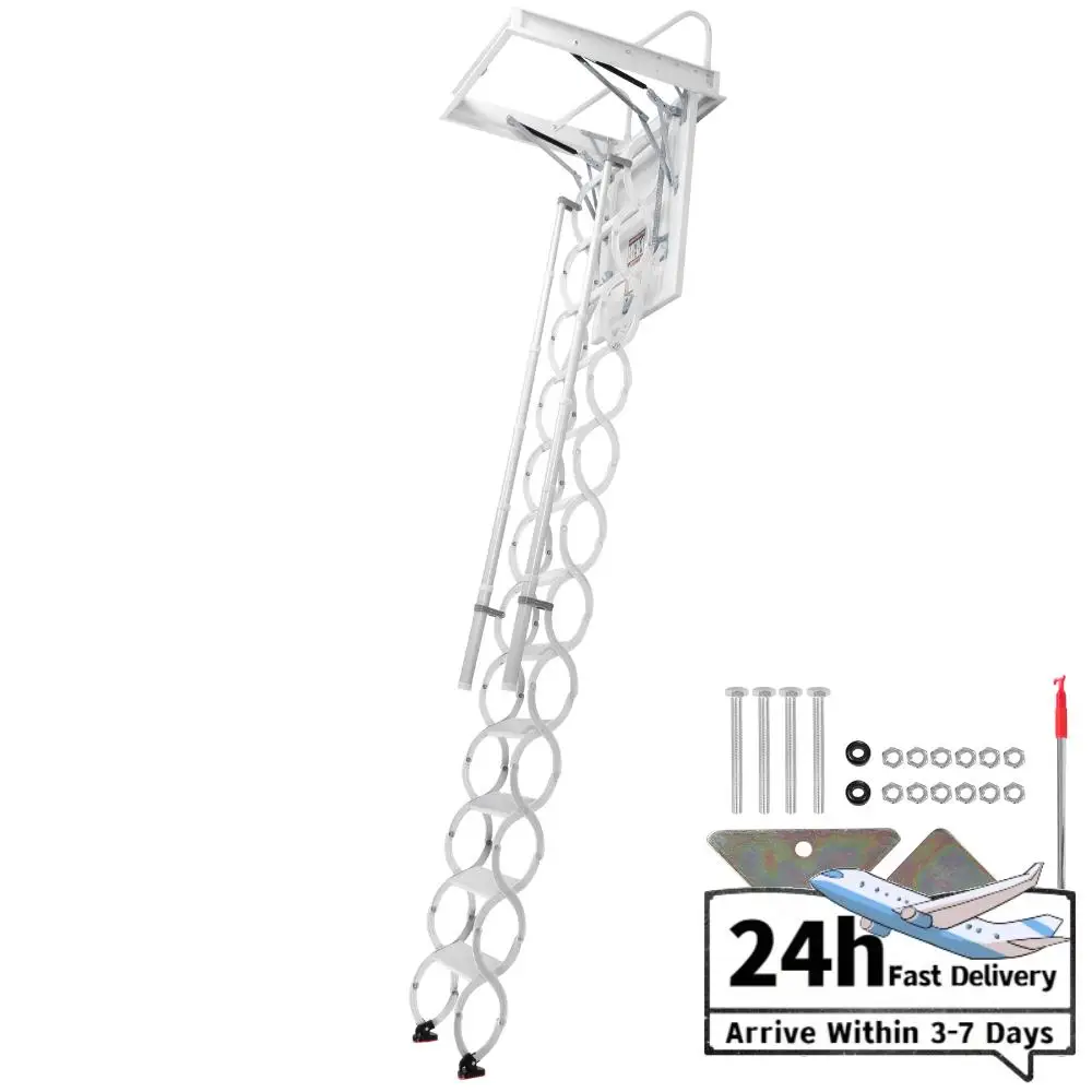 

12 Steps Folding Loft Ladders with Handrails Fold Armrests Attic Steps 660LBS Capacity Height Adjustable For Home Duplex Villas