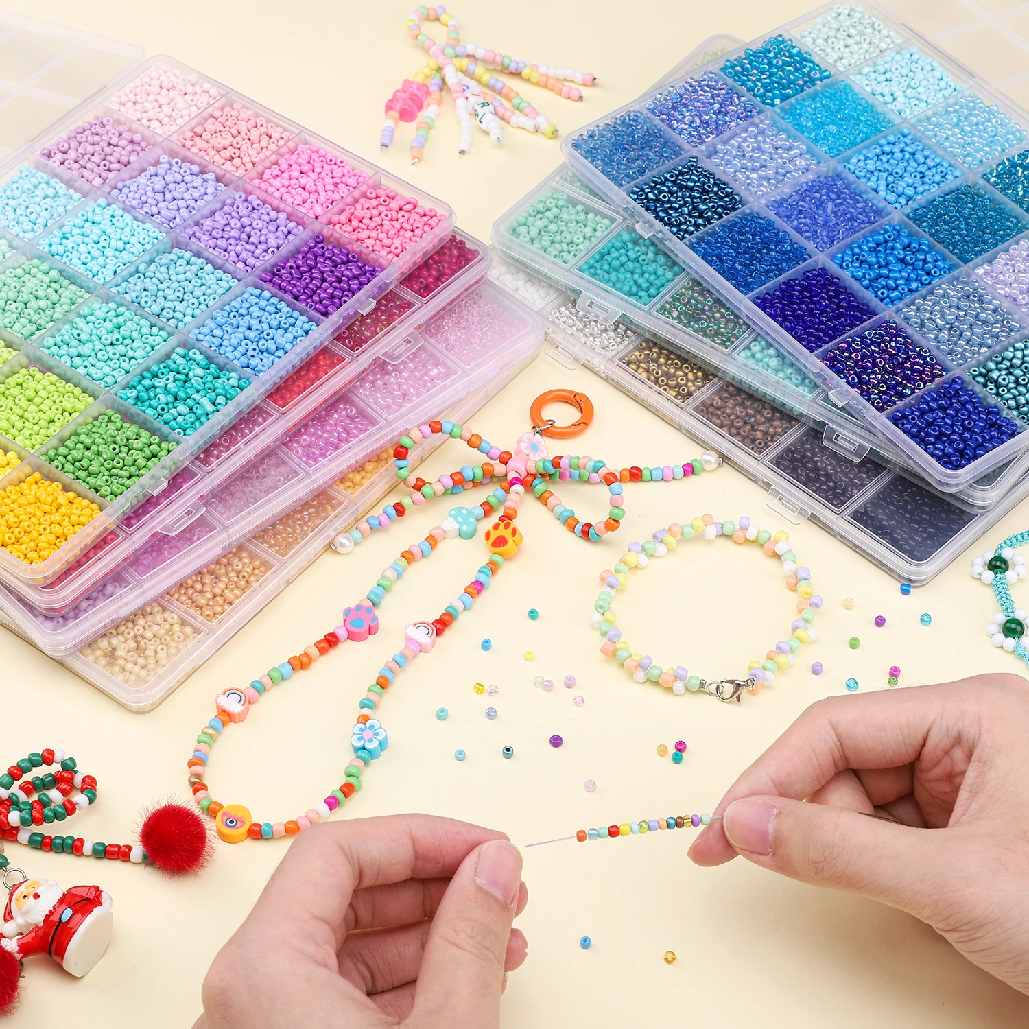 24 Grid Glass Rice Bead Box 3mm Charm DIY Jewelry Creation Bead Jewelry Making Materials Needle and Thread Working Beads