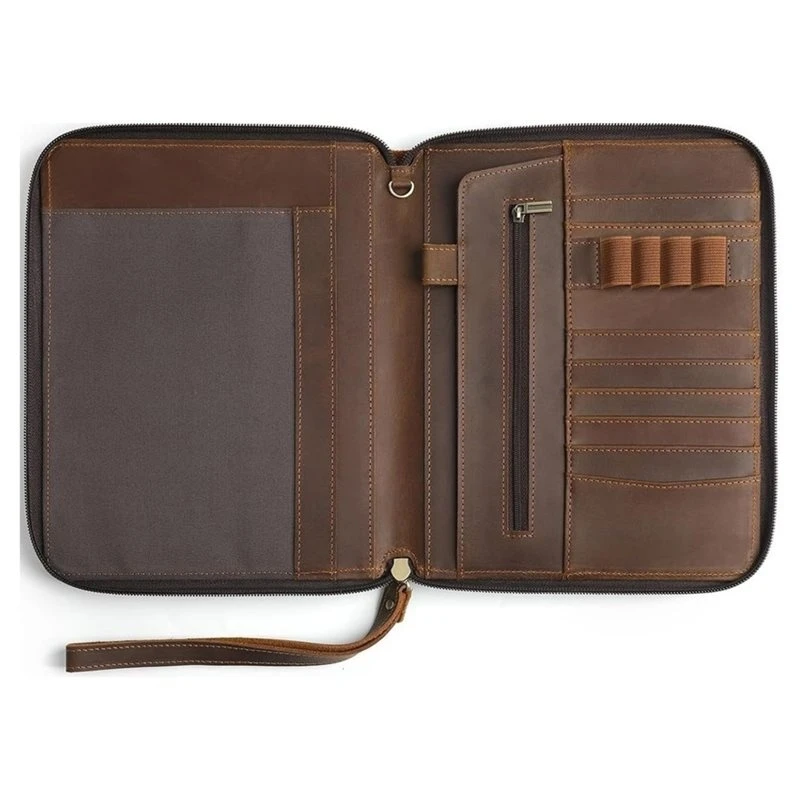 QWE-For Men Women Compatible For A5 Letter Size Notepad, Zipper Leather Portfolio Organizer Padfolio Folders