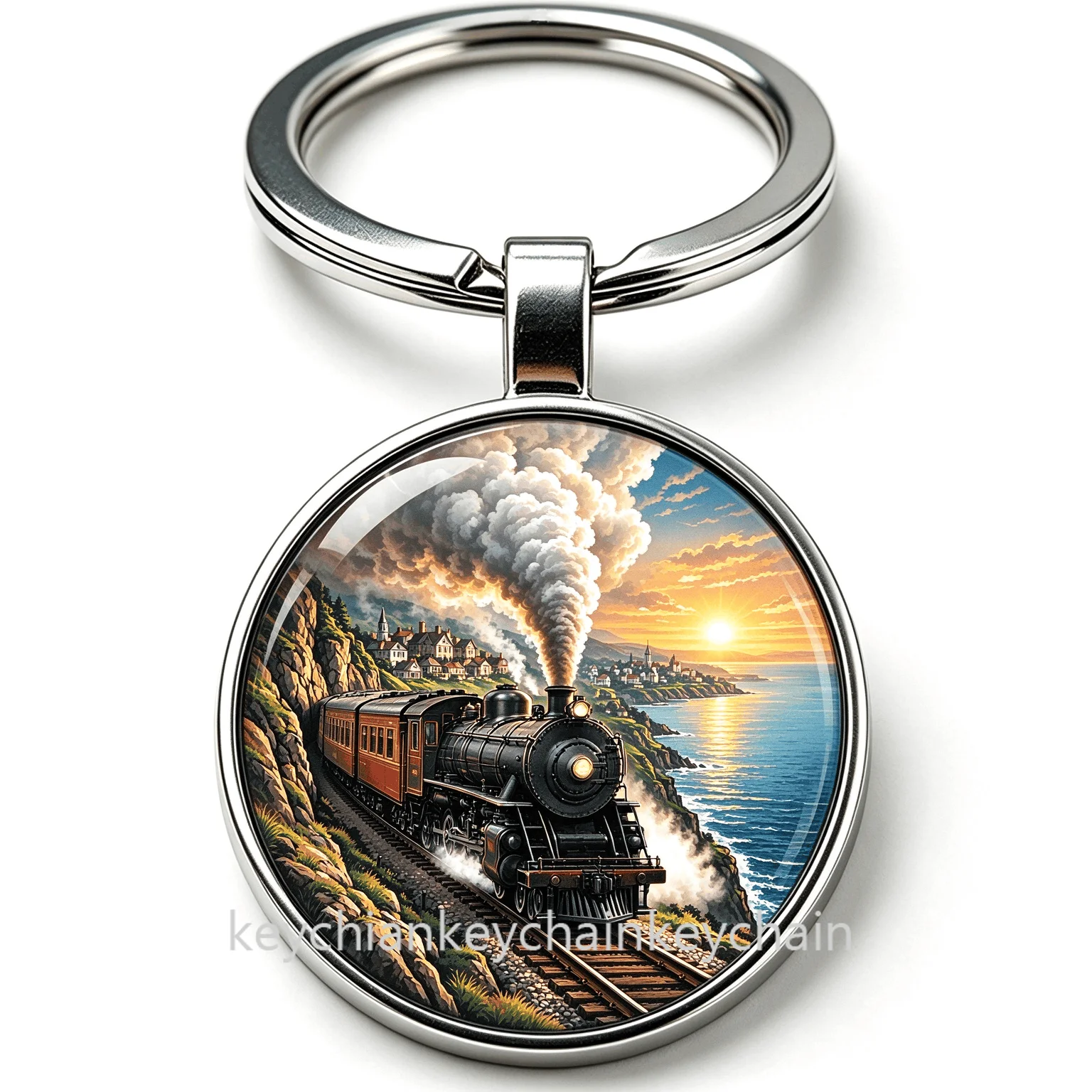 Steam train coastal sunset Round Keychain Keyring Bag Charm Gift