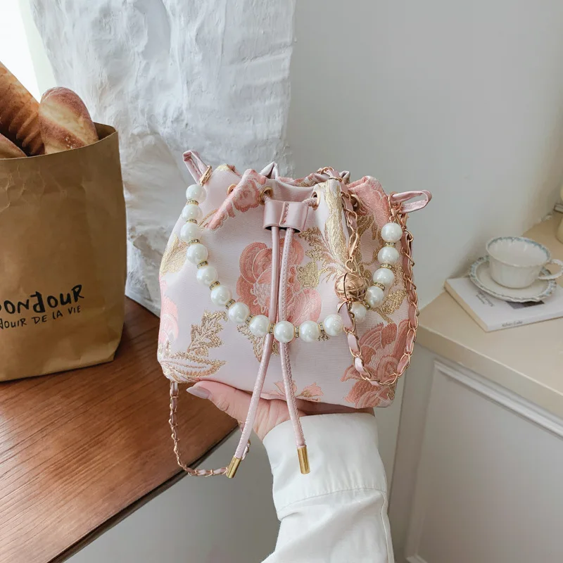 New Chinese Style Drawstring Shoulder Bags for Women Lightweight Portable Ladies Crossbody Bag Elegant Girl Pearl Bucket Handbag