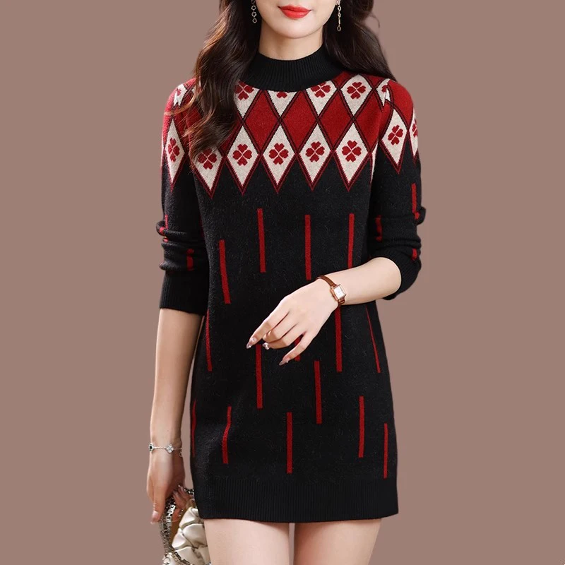 

New Women Wool Sweater Autumn Winter Fashion Half High Collar Argyle Print Loose Knitted Tops Casual A-straight Long Sweater