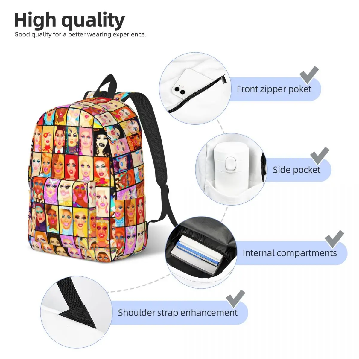 Drag Queen Royalty for Men Women Student School Bookbag RuPaul's Drag Race Rupaul RPDR Canvas Daypack Elementary High College