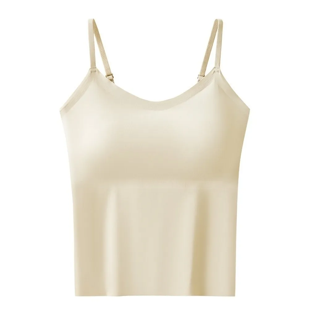 Build-in Bra V-Neck Camisole Vest Long Length Solid Color Sling Vest Top Back Sling Design Summer Fixed Cup Camisole For Women