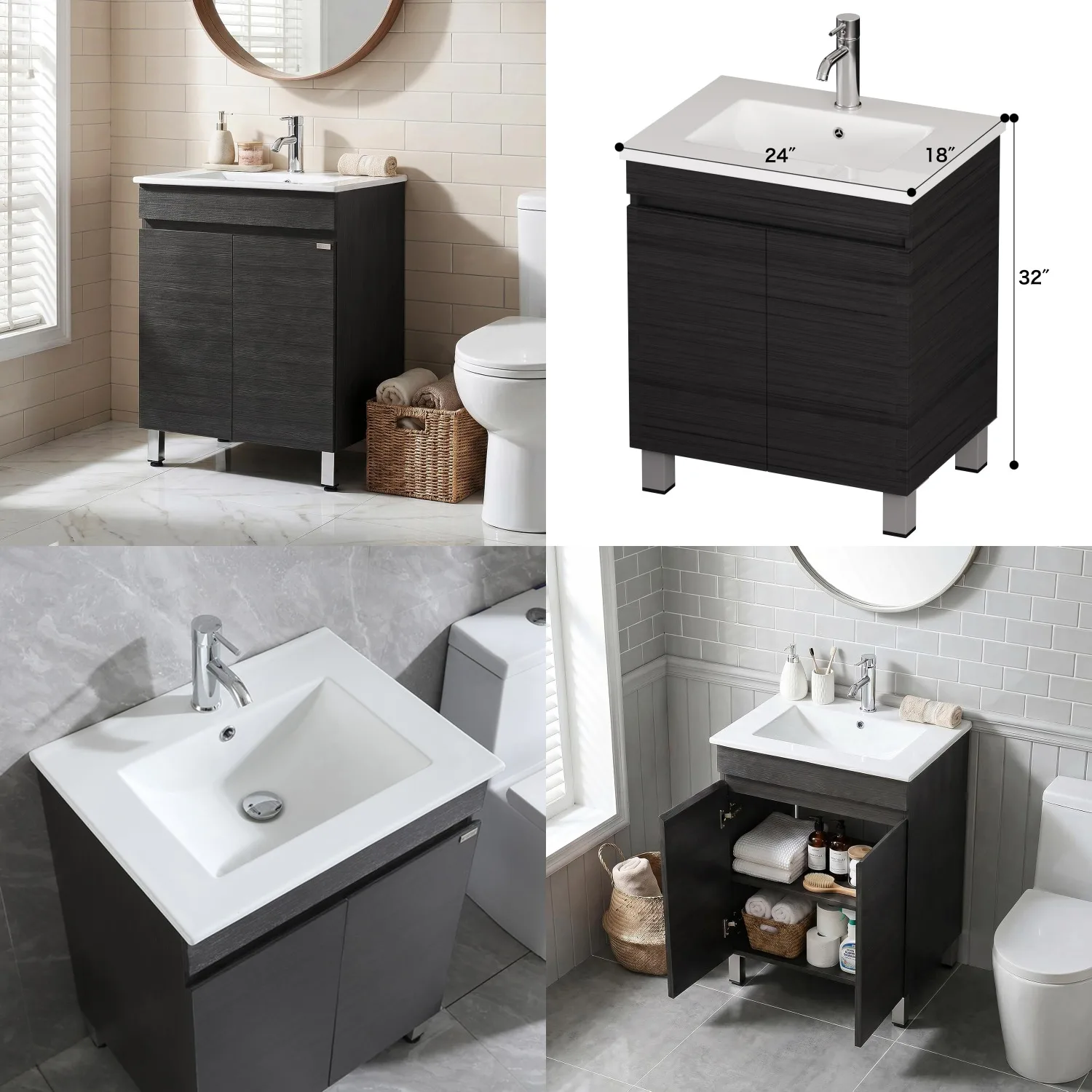 

24" Modern Bathroom Vanity Combo Stand Pedestal Cabinet with Ceramic Drop in Vanity Sink& Chrome Faucet (24" Grey), Customized