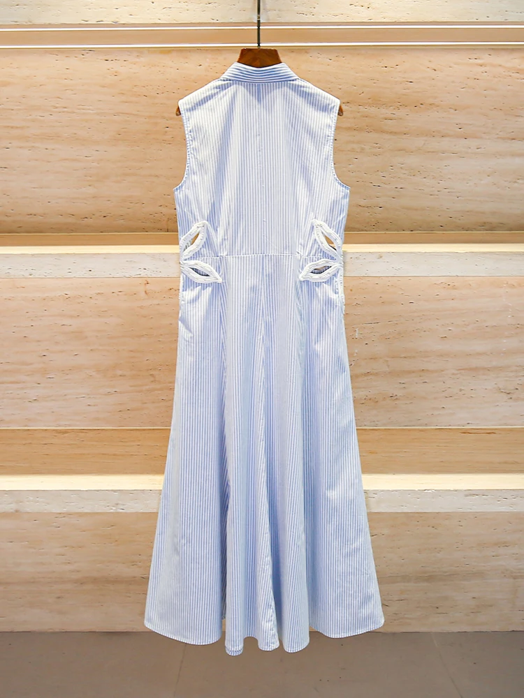 S Home Nan You Design estivo da donna di fascia alta Gilet a righe con perline scavate Dr Gonna lunga semplice a vita alta Dr