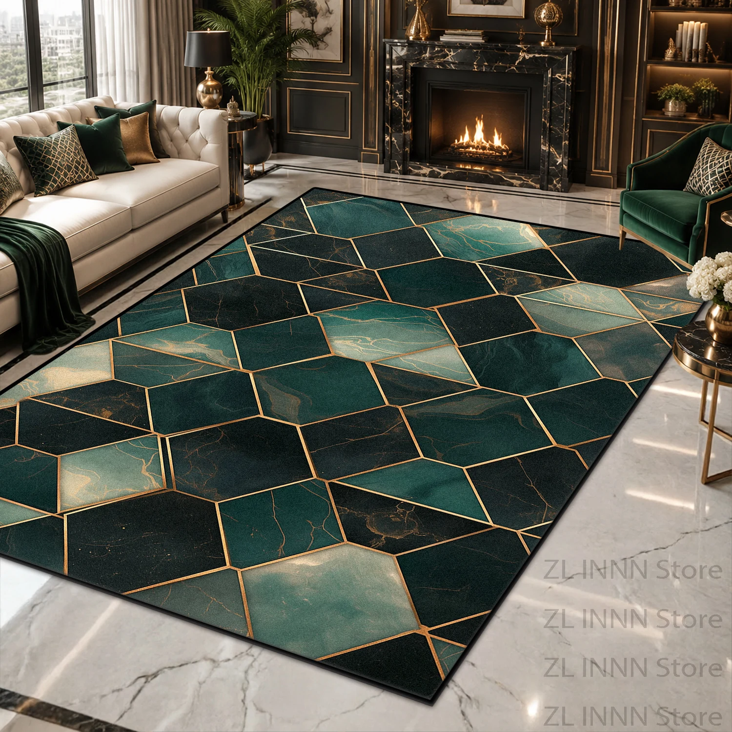 Art Deco Green Marble Geometric Large Living Room Rug Gold Foil Abstract Pattern Non Slip Washable Office Carpet Soft Floor Mat
