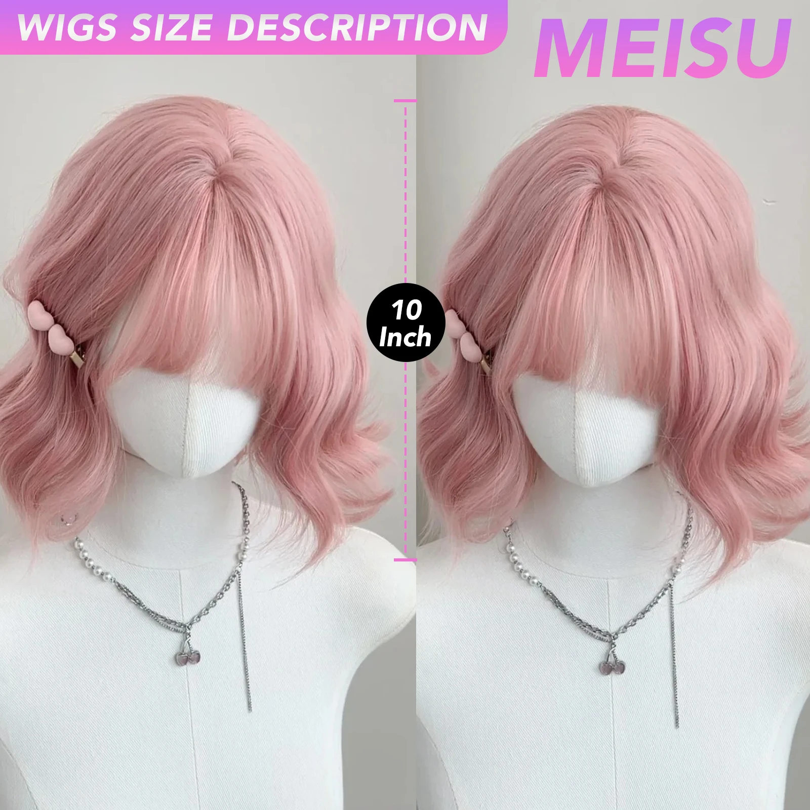 MEISU 10 بوصة قصيرة الوردي شعر مستعار الاصطناعية موجة شعر مستعار مجعد الطبقات الألياف مقاومة للحرارة حفلة أو Selfie أو تأثيري للنساء