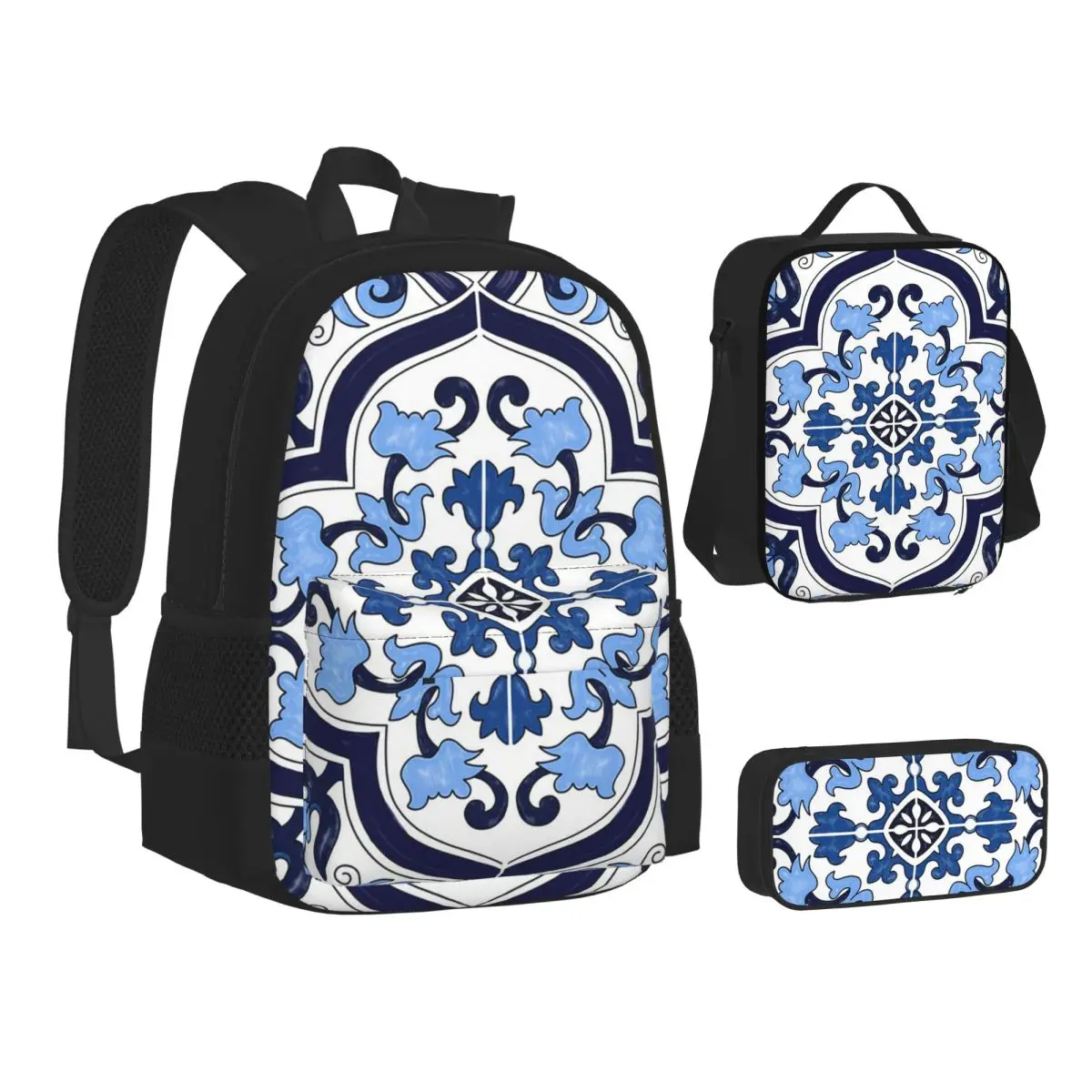 Blue Ornate Floral Mediterranean Sicilian Tile BackpacksChildren School Bags Kids Rucksack Lunch Bag Pen Bag Three-Piece Set