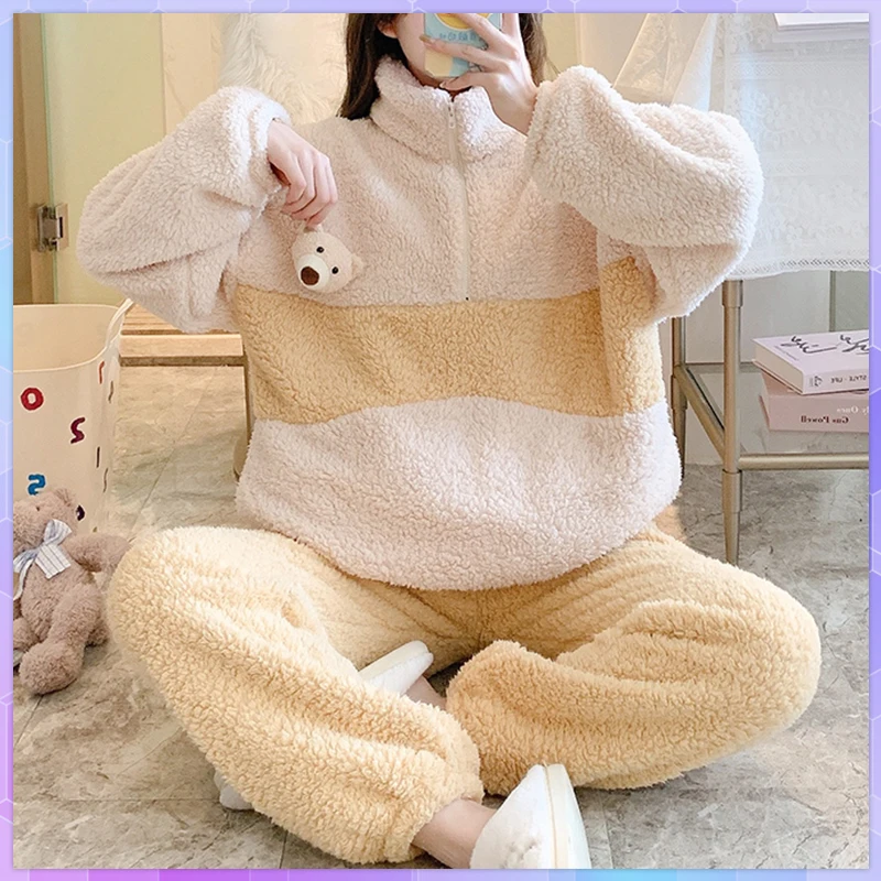 

Striped Winter Warm Flannel Sleepwear Women's Pajamas With Pants Set Girls Pyjamas Sets Pijamas Long Sleeved Trousers Homewear