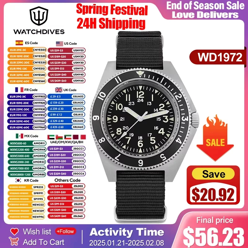 Watchdives WD1972 Quartz Watch VH31 Sweep Seconds Movement Sapphire Glass Stainless Steel Watches Waterproof Luminous Wristwatch