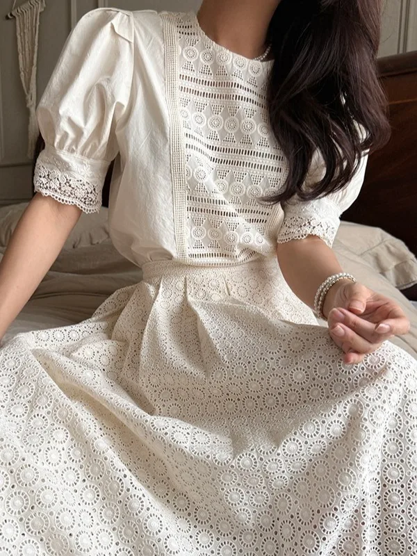 

Stunning Summer Outfit Women's Court Sle Hollow out Hook Flower Bubble Sve irt High Waist f Skirt Two Piece Set