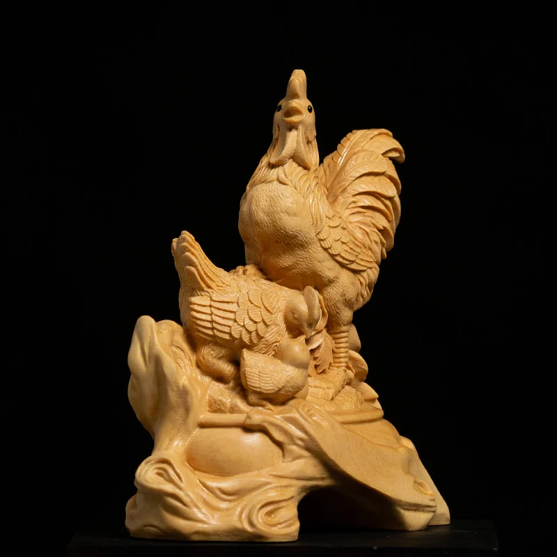 10CM Wood Rooster Sculpture Boxwood Lucky Chicken Zodiac Cock Family Lucky Statue Home Decor