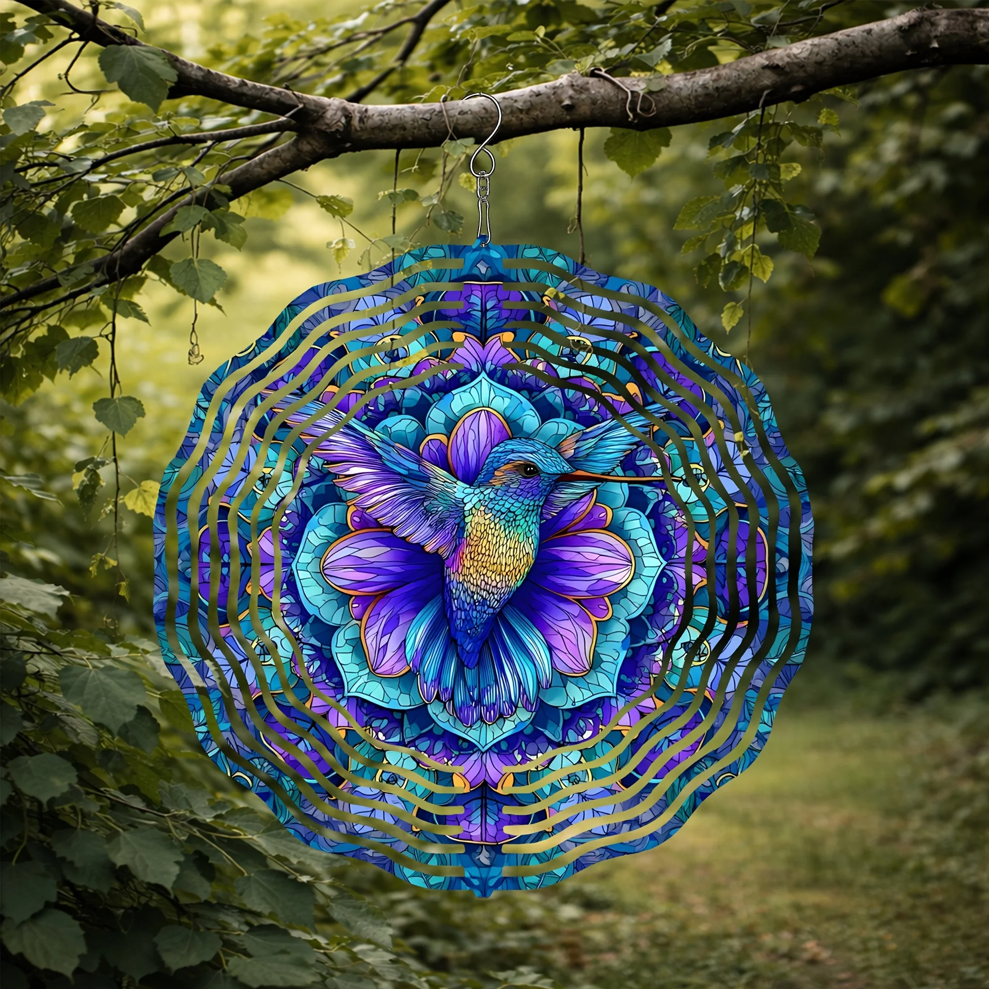 3D Colorful Hummingbird Pop Art Wind Chime - Geometric Floral for Garden Yard Nature Lover Gift with 360 Swivel Hook