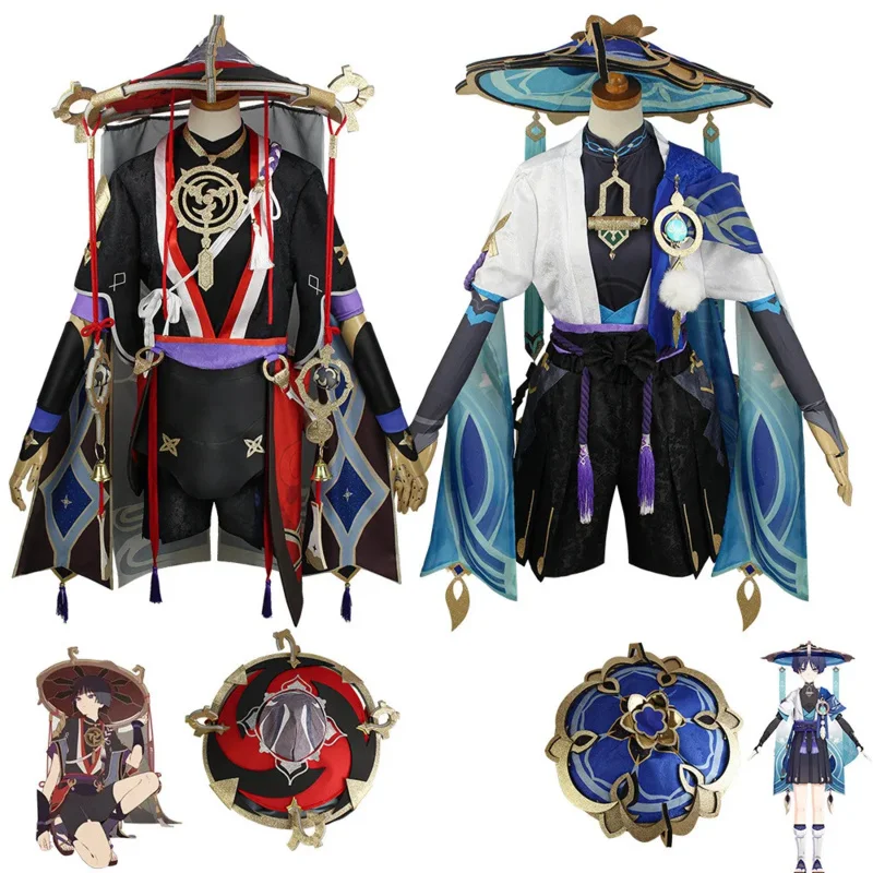 Anime gra Genshin Impact Scaramouche przebranie na karnawał kapelusz peruka Anime Halloween Genshin Cosplay Scaramouche kostium dla kobiet mężczyzn