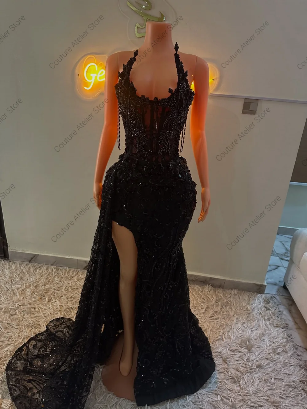 Black Stones Prom Dresses Blackgirls High Split Mermaid Evening Party Gowns Customized Exuqisite Strapless vestidos de gala