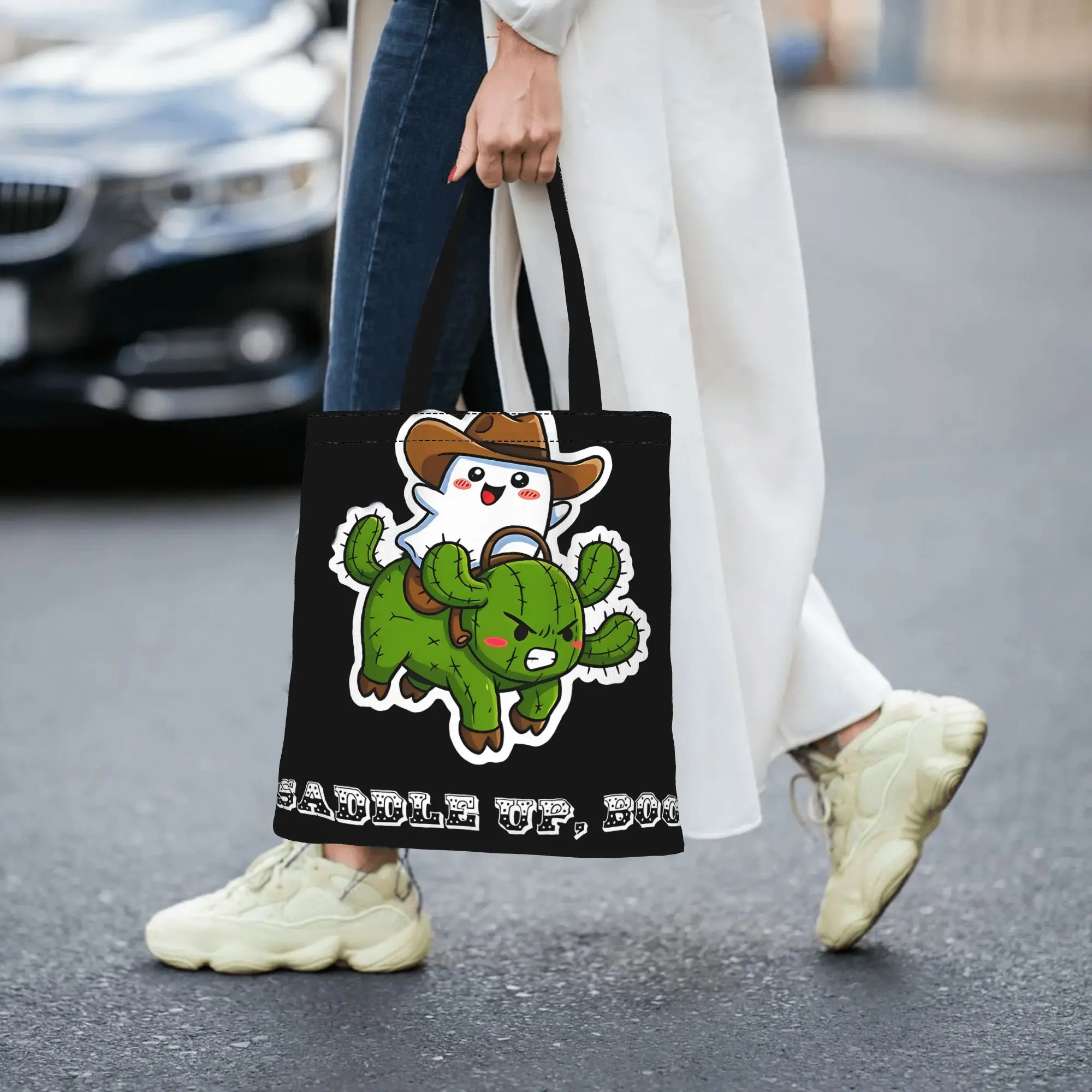Cowboy Ghost Riding Cactus Bull Cute Western Halloween canvas tote bag, casual style for daily shopping