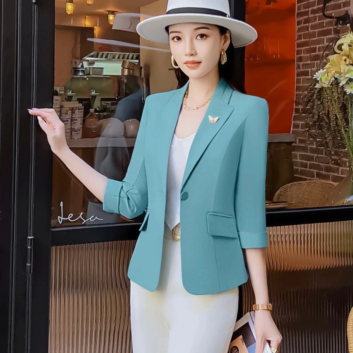 Women's Small Suit Jacket 2025 Spring Summer Seven Quarter Sleeves Blazers Jacket Ladies Temperament Single Buckle Outwear Tops
