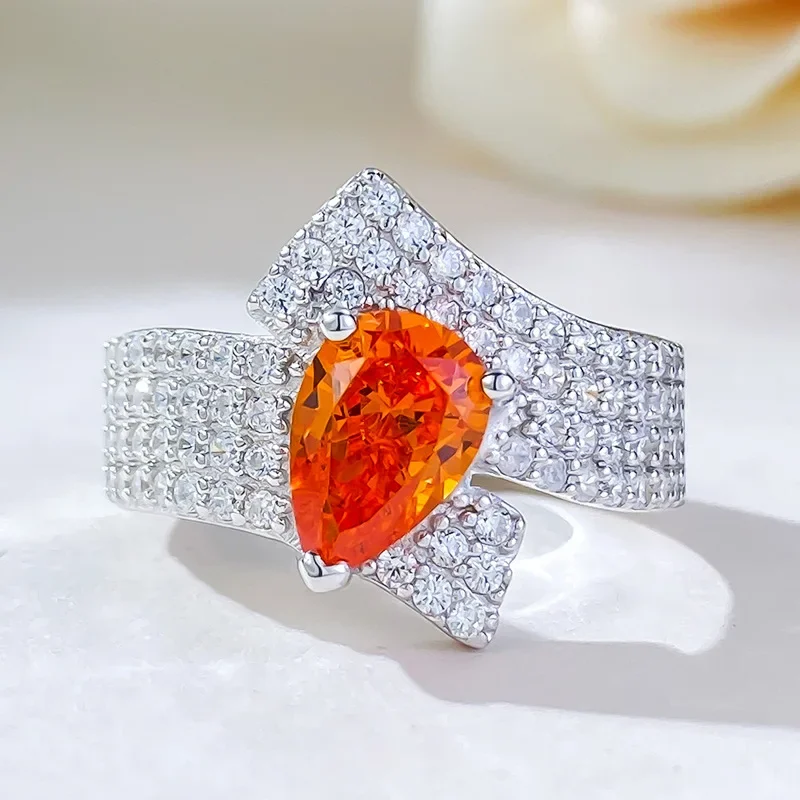 2 Carat Orange Micro Set Full Diamond Ring 6 * 9 Pear shaped Orange Ring S925 Silver Ring