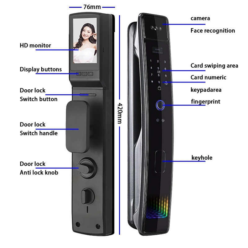 3D Facial Recognition App WIFI Password Fingerprint Card Portable Visual Doorbell Monitoring Camera Electronic Door Lock