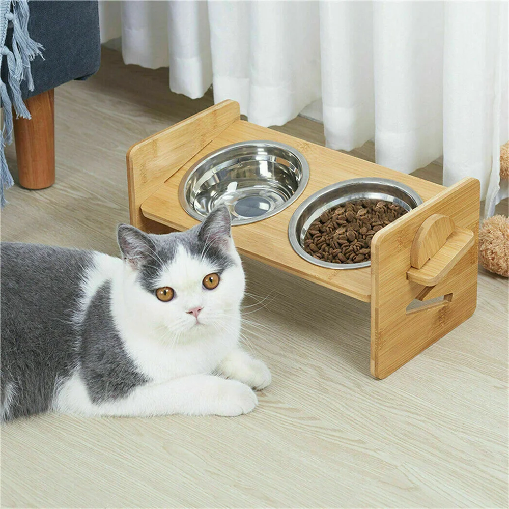 Comederos elevados para perros con soporte, bambú y acero inoxidable - imagen 4