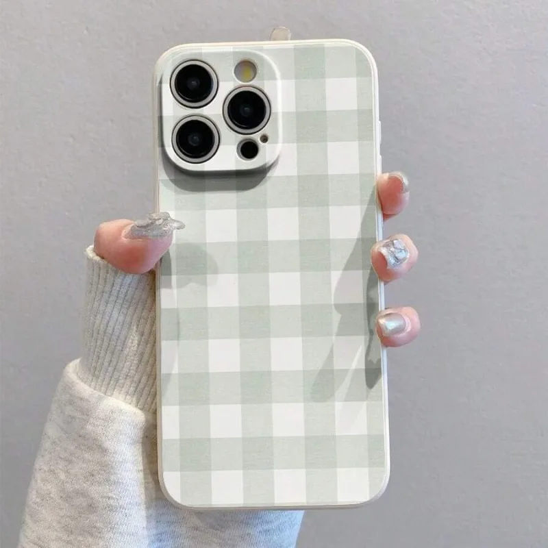 

Green and white plaid pattern mobile phone case suitable for iPhone 17 16 15 14 13 12 Pro/ Max /Plus anti-fall and shockproof