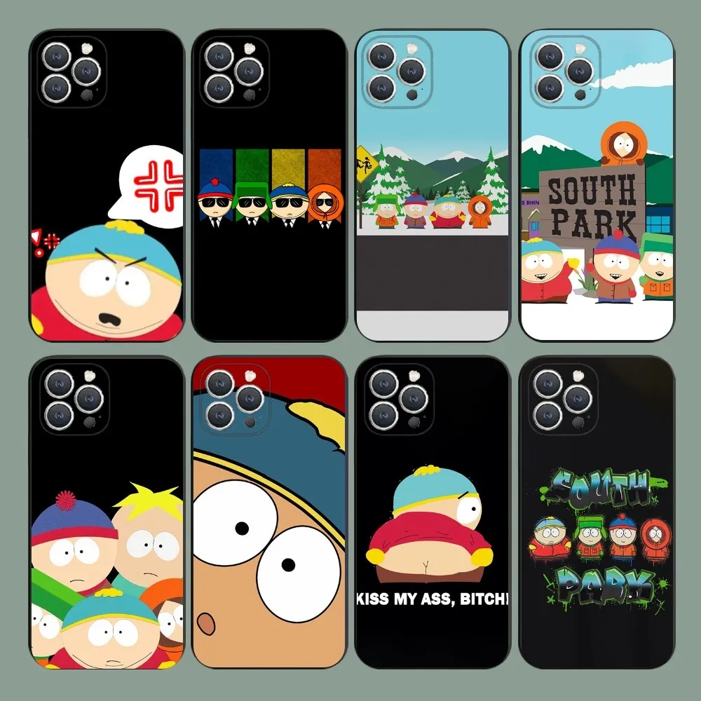 Cartoon S-South P-Park Phone Case For iPhone 15,14,13,12,11,Plus,Pro Max,XS,X,XR,SE,Mini,8,7 Soft Silicone Black Cover