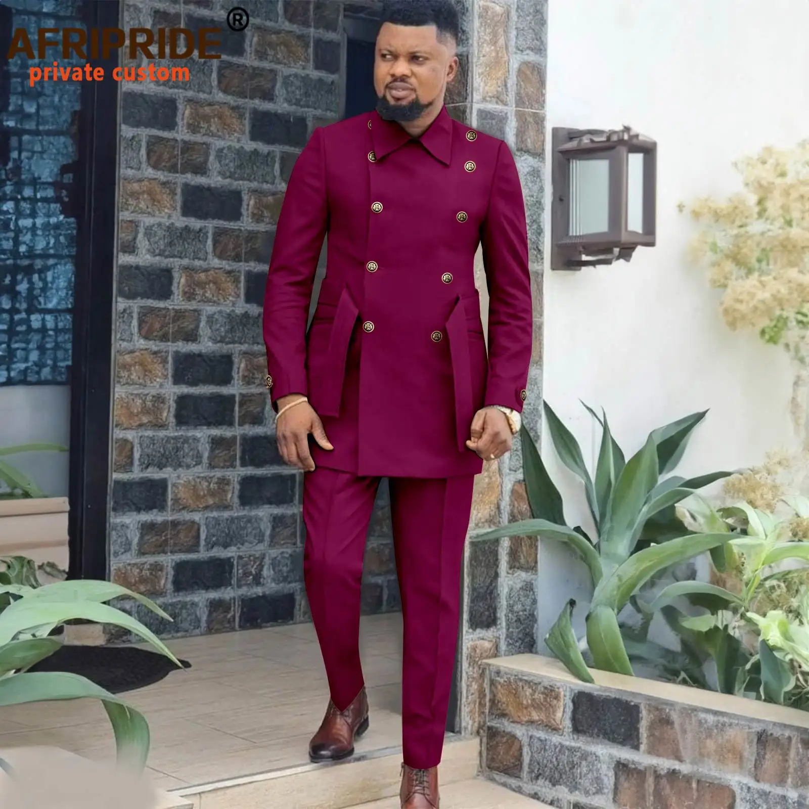 African Suits for Men Double Breasted Full Sleeve Slim Fit Blazer and Trousers Set Dashiki Outfits with Belt Formal Wear 2416039