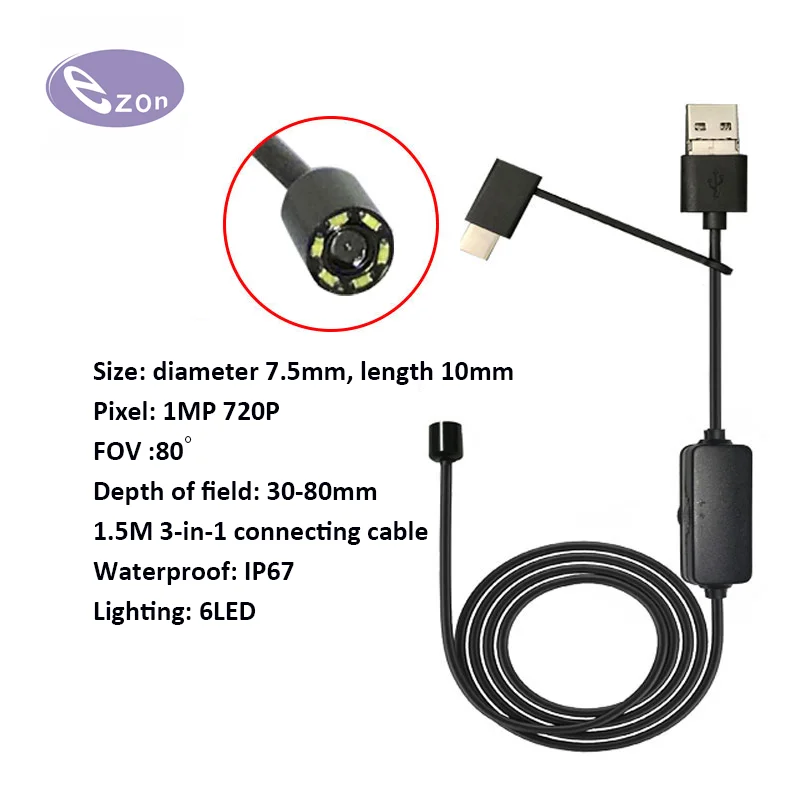 1MP USB endoscope diameter 7.5mm FOV80゜ IP67 waterproof 3-in-1 cable