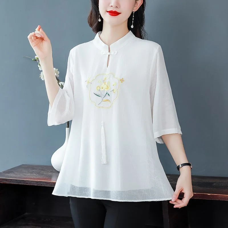 

Summer Shirt Women's 7-quarter Sleeve New Chinese Style Folding Spring and Autumn Thin Chiffon Top