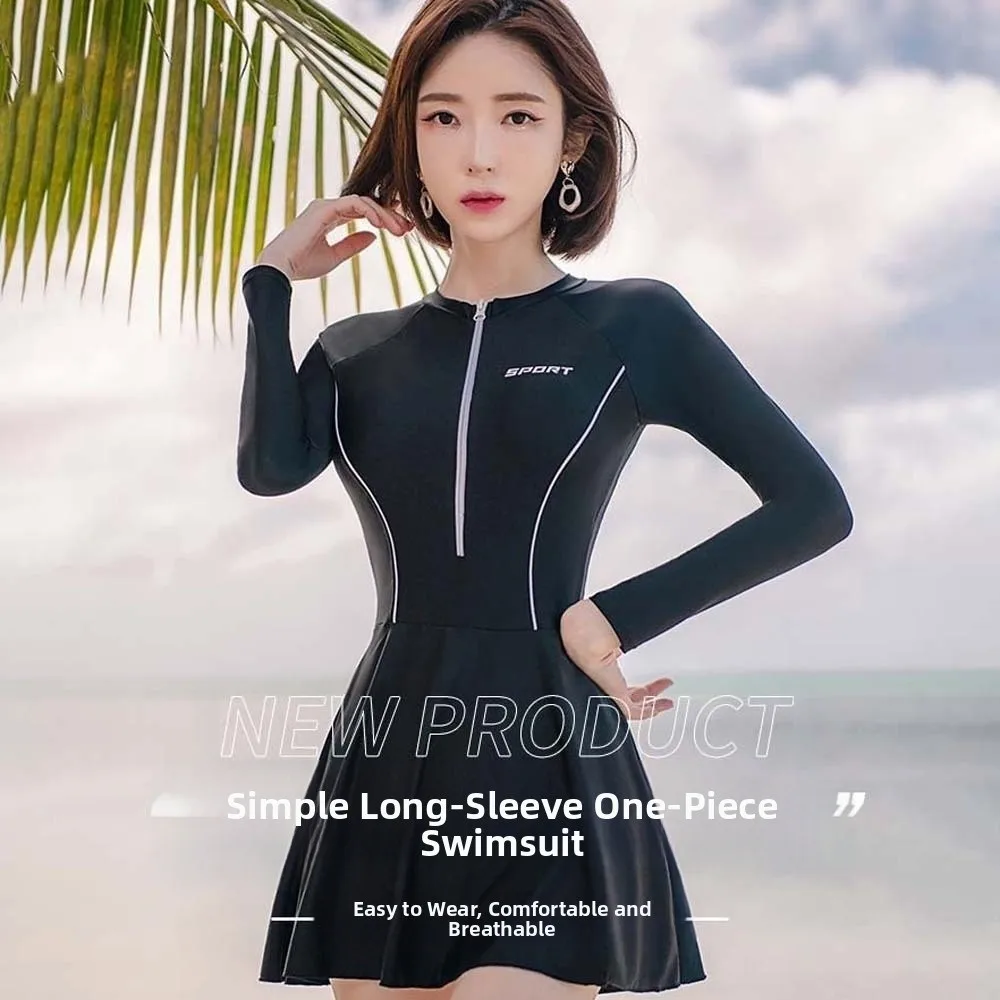 3pcs Beachwear Long Sleeve Swimsuit Tights Bikini Sun Protection Women Bathing Suit Solid Color Quick-Dry Swimwear Skirt Set