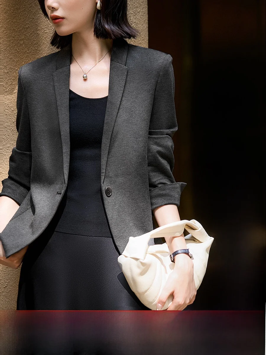 Xiao Han Ge Casual Knitted Women's Suit Jacket Elastic Slim Fit Straight Cut Commute Style Long Sleeve Button up Warm Outerwear