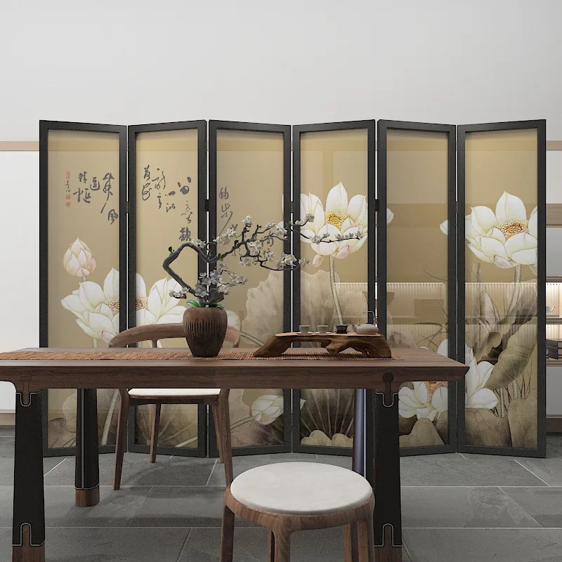 for New Chinese Style Folding Screen Partition for Living Room Mobile Home Classical Cover Tea Room Decoration Office Lotus