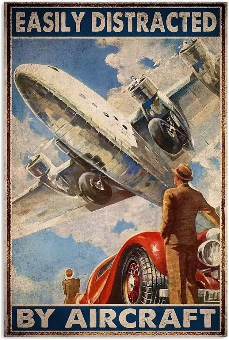 

Vintage Airplane Poster Metal Sign Easily Distracted By Aircraft Tin Signs Airplane Lovers Retro Plaque Wall Decor Gift For Home