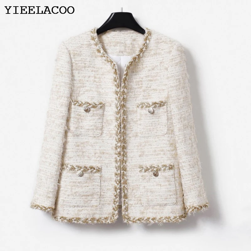 Beige women's tweed jacket autumn/winter tassel design small fragrant jacket One piece classic top