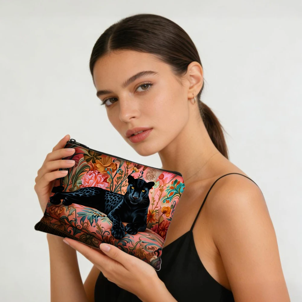 Black Panther Floral Pattern Print Makeup Bags for Girls Cosmetic Pouch Toiletry Bag Pencil Case Travel Storage