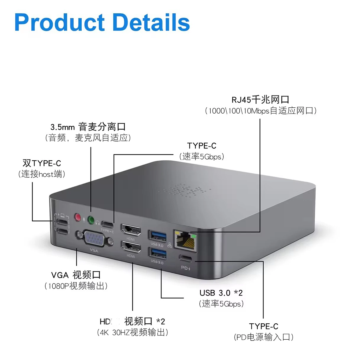 18 in 2 USB Type C Adapter Hub Dock with 3 USB 3.0 Port HD VGA Gigabit Ethernet 3.5mm Audio SD TF Card Reader and PD Charge