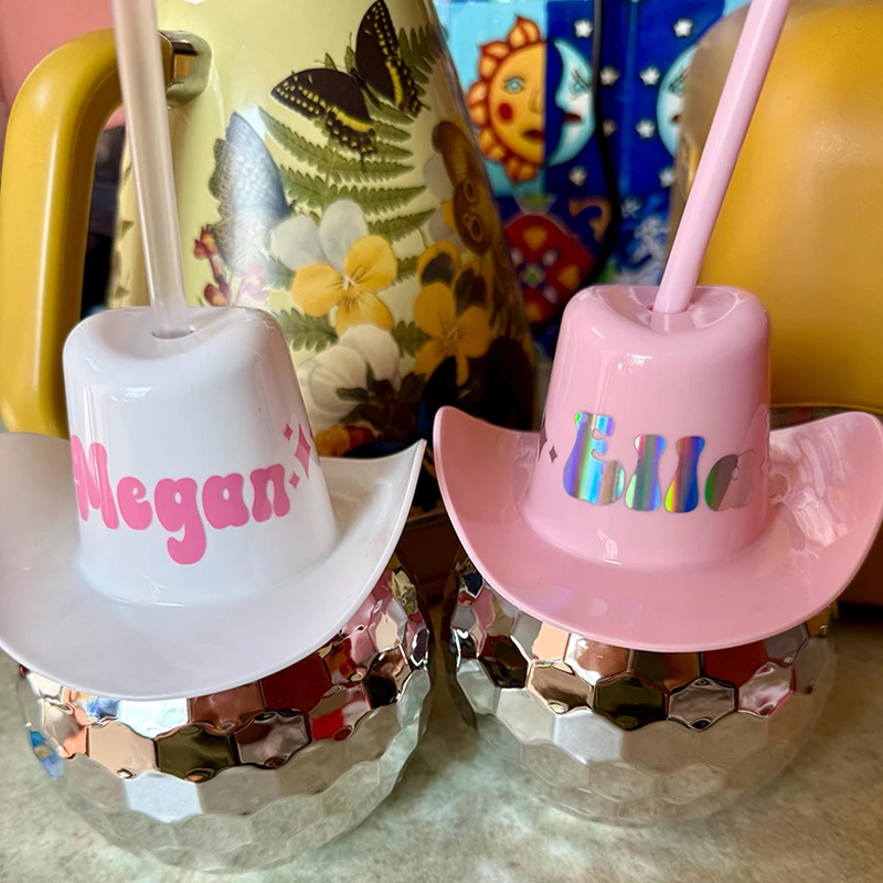 Taza de bola de discoteca con espejo, sombrero de vaquera blanco y rosa, tazas con pajita, recuerdos de despedida de soltera de vaquero disco de los años 70, suministros temáticos occidentales