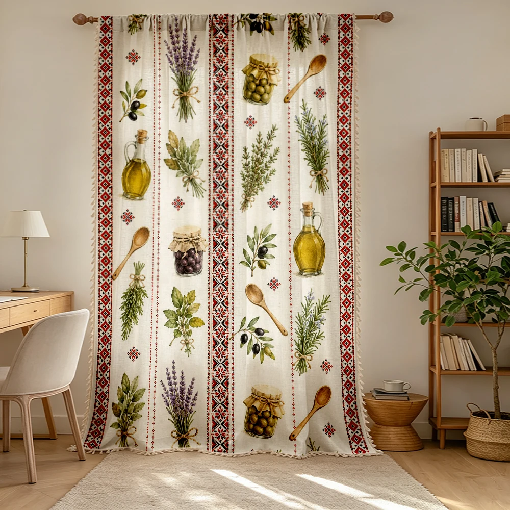 1PC Farm Tassel Sheer Curtain, Lavender Olive Bottle, Digital Print, Linen Polyester, Bedroom Living Room Kitchen, Home Decor