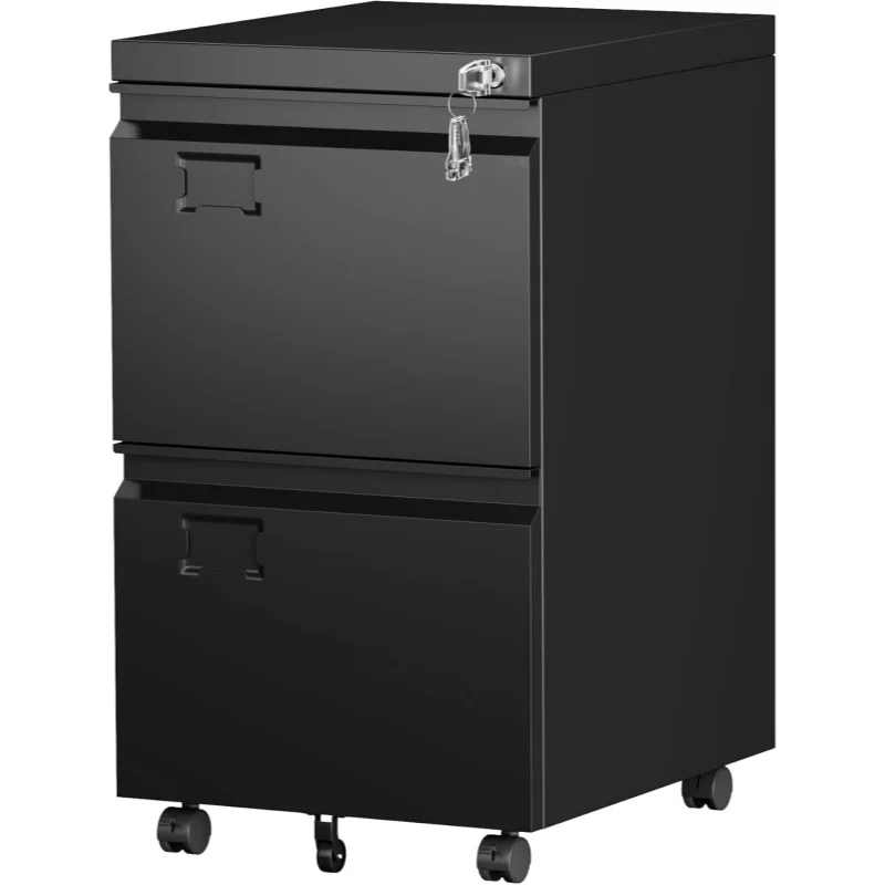 

2 Drawer File Cabinet with Wheels, Under Desk Drawer with Lock Name Card Holder for Home Office, Metal Filing Cabinet for