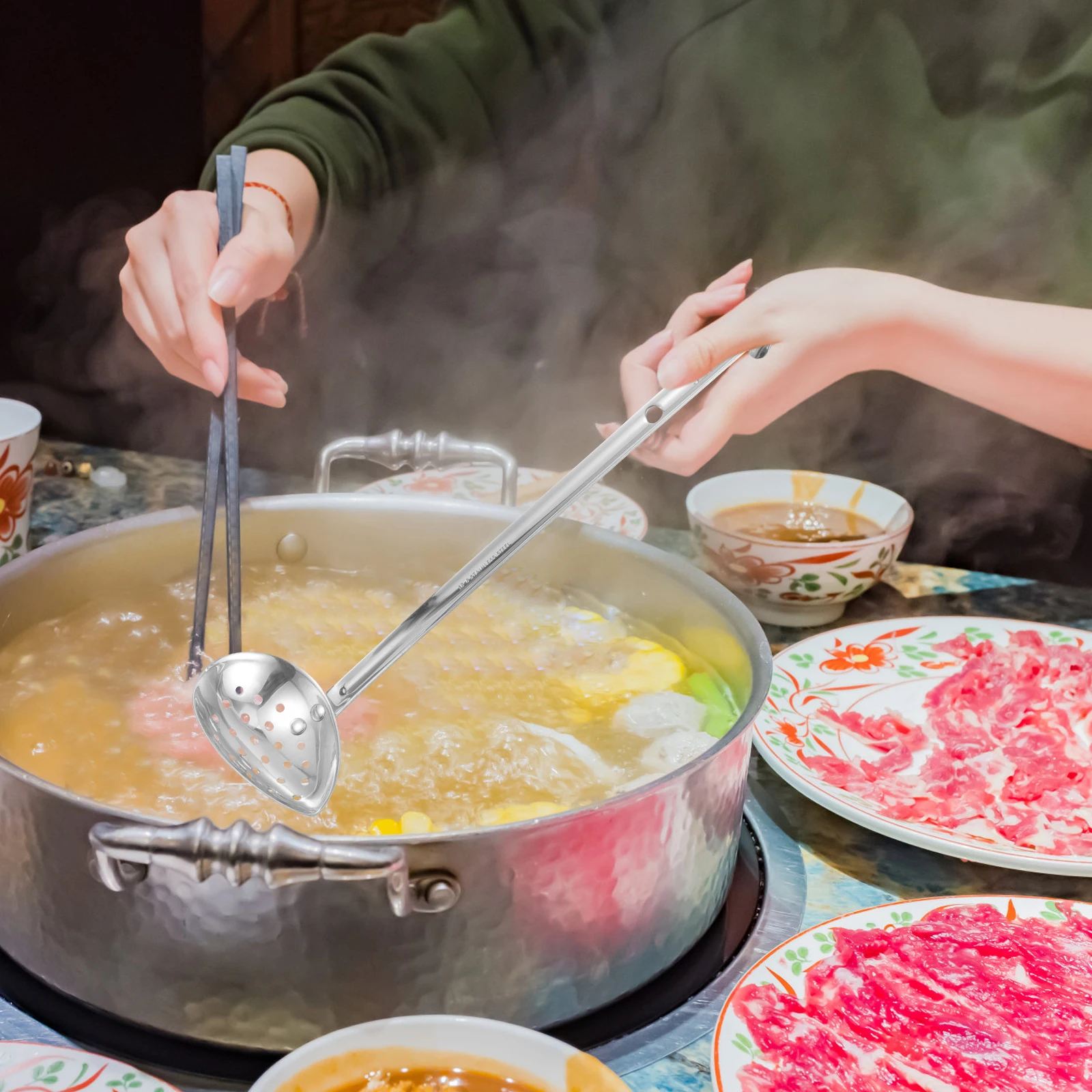 

1pcs Stainless Steel Slotted Spoon Heavy Duty Skimmer Ladle For Hot Pot Noodle Colander Cooking Serving Tool Hanging Hole