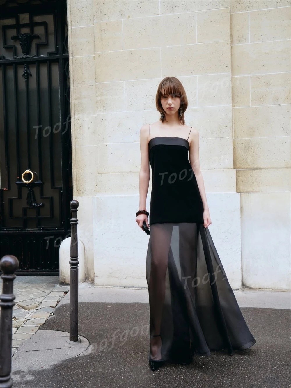 Toofgon Schwarze Spaghettiträger, maßgeschneidert, A-Linie, Ballkleider, Satin, Chiffon, formelles Party-Abendkleid, Korsett, Geburtstagskleider