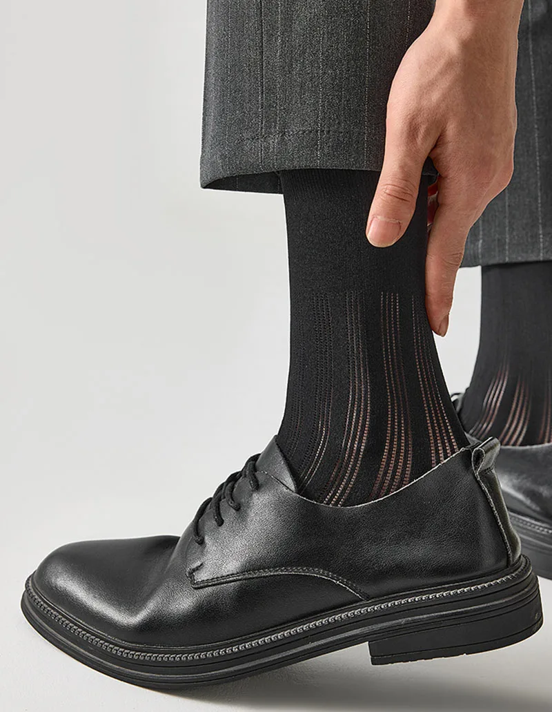 Summer Ultra-thin Breathable Mesh Five Toe Socks Men Business Thin Nylon Striped Silk Socks Middle Tube Formal Wear Crew Socks