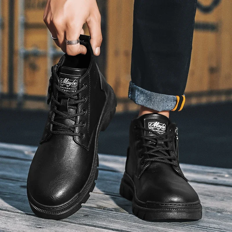 Zapatos de trabajo vintage para hombre, botas de cuero informales antideslizantes altas con suela gruesa para otoño e invierno, botas impermeables Chelsea para el desierto