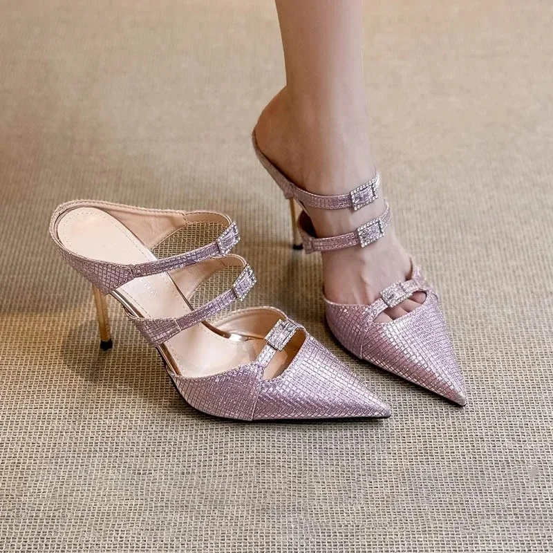 

Summer New Style Sexy High Heels Peep-Toe Rhinestone shiny Pink Sequins Pointy Heels Female Thin Heel Sandals Female Slippers