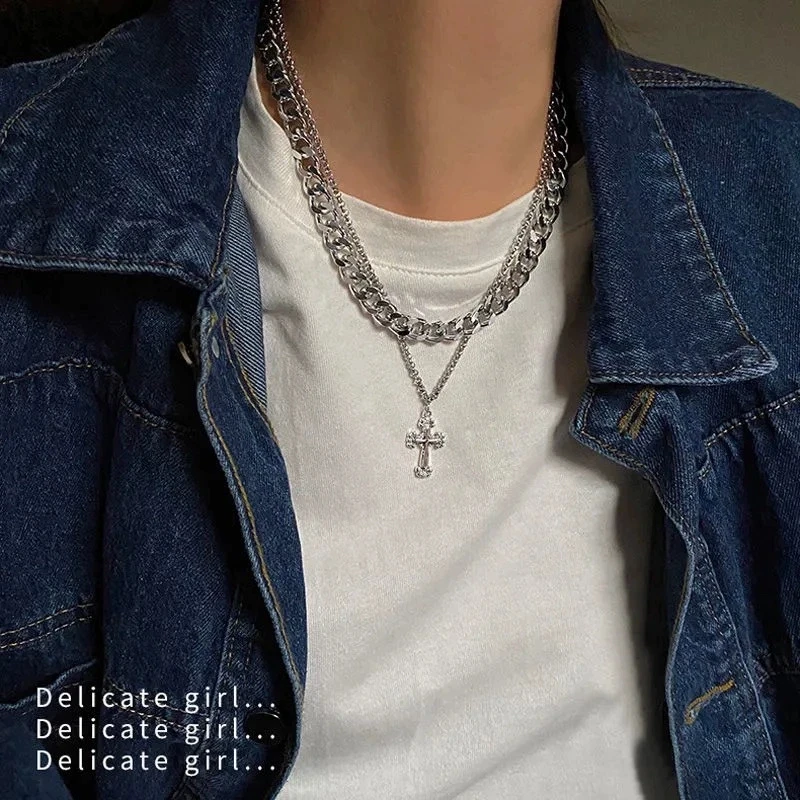 

Double long paragraph with simple fashion net red ins necklace men women pendant personalized cross pendant necklace