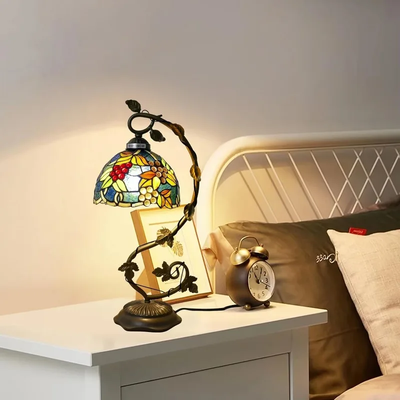 Table lamp blue grape floral style handmade stained glass desk retro reading lamp